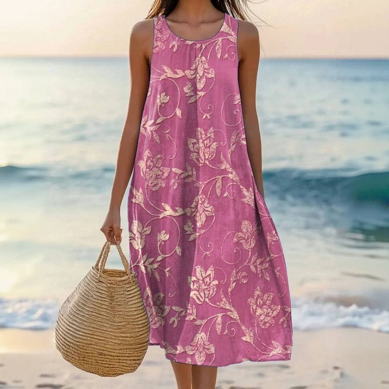 Floral cotton midi dress sleeveless oversized with deep side pockets, casual summer style