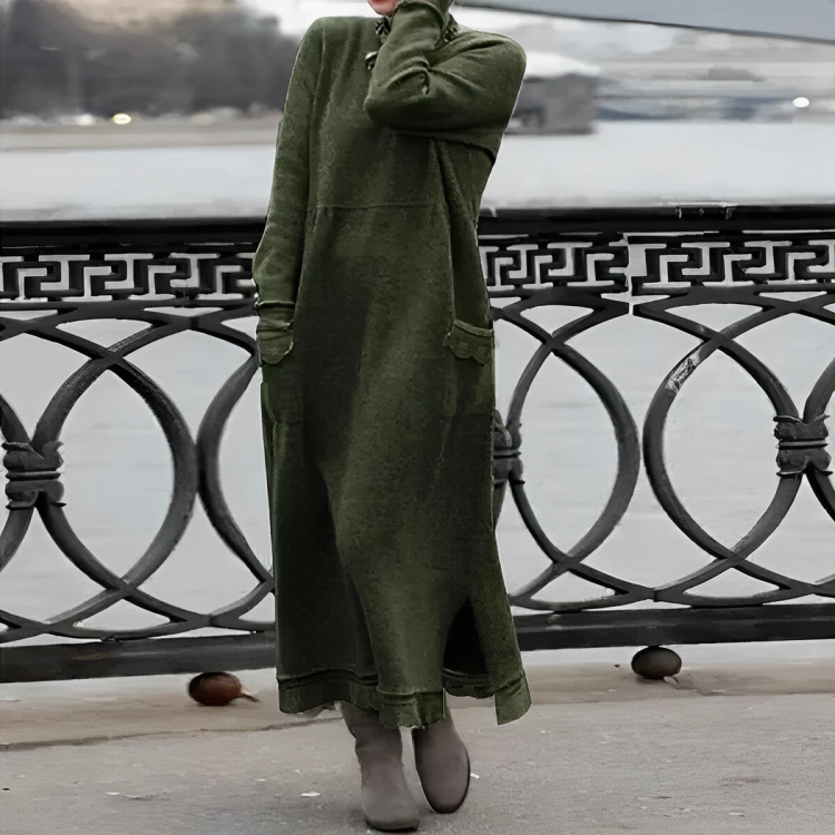 Women's winter knit midi dress with pockets and side slit, available in multiple colours