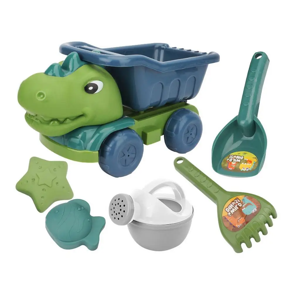 Beach sand toy set with dinosaur truck and sandcastle molds for kids outdoor play
