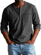 Men's long sleeve henley shirt, casual relaxed fit, available in multiple colors