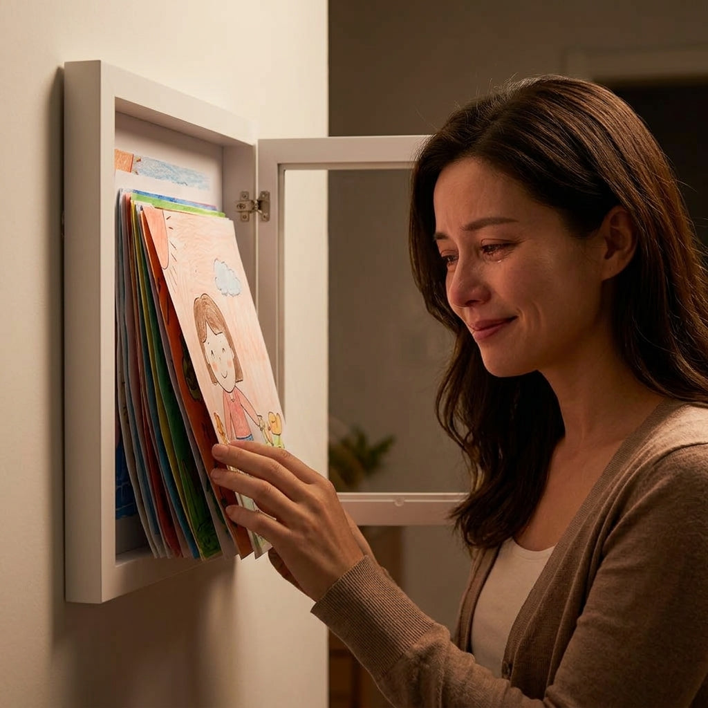Kids drawing display frame rotating art frame stores 150 drawings, available in multiple colors