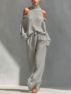 Women 2 Piece Off Shoulder Wide Leg Pants Set in beige flowing fabric