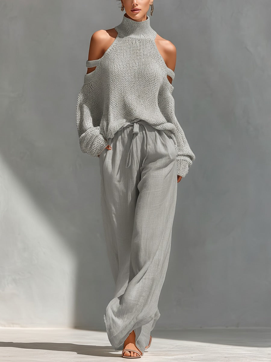 Women 2 Piece Off Shoulder Wide Leg Pants Set in beige flowing fabric
