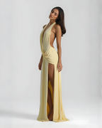 Halter neck backless maxi dress with high side slit, flowing silhouette for evening events