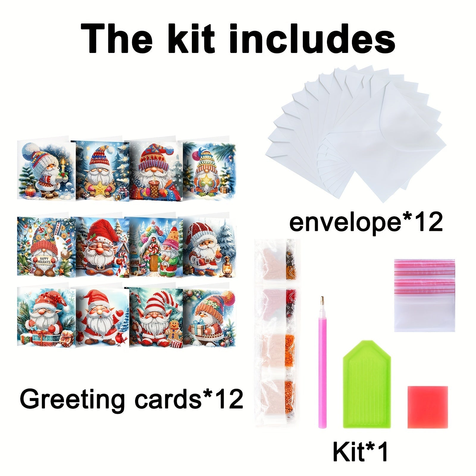 Diamond painting Christmas cards DIY set, 12 pieces, Santa Claus theme