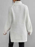 Women ribbed knit turtleneck sweater with side slit hem, autumn winter