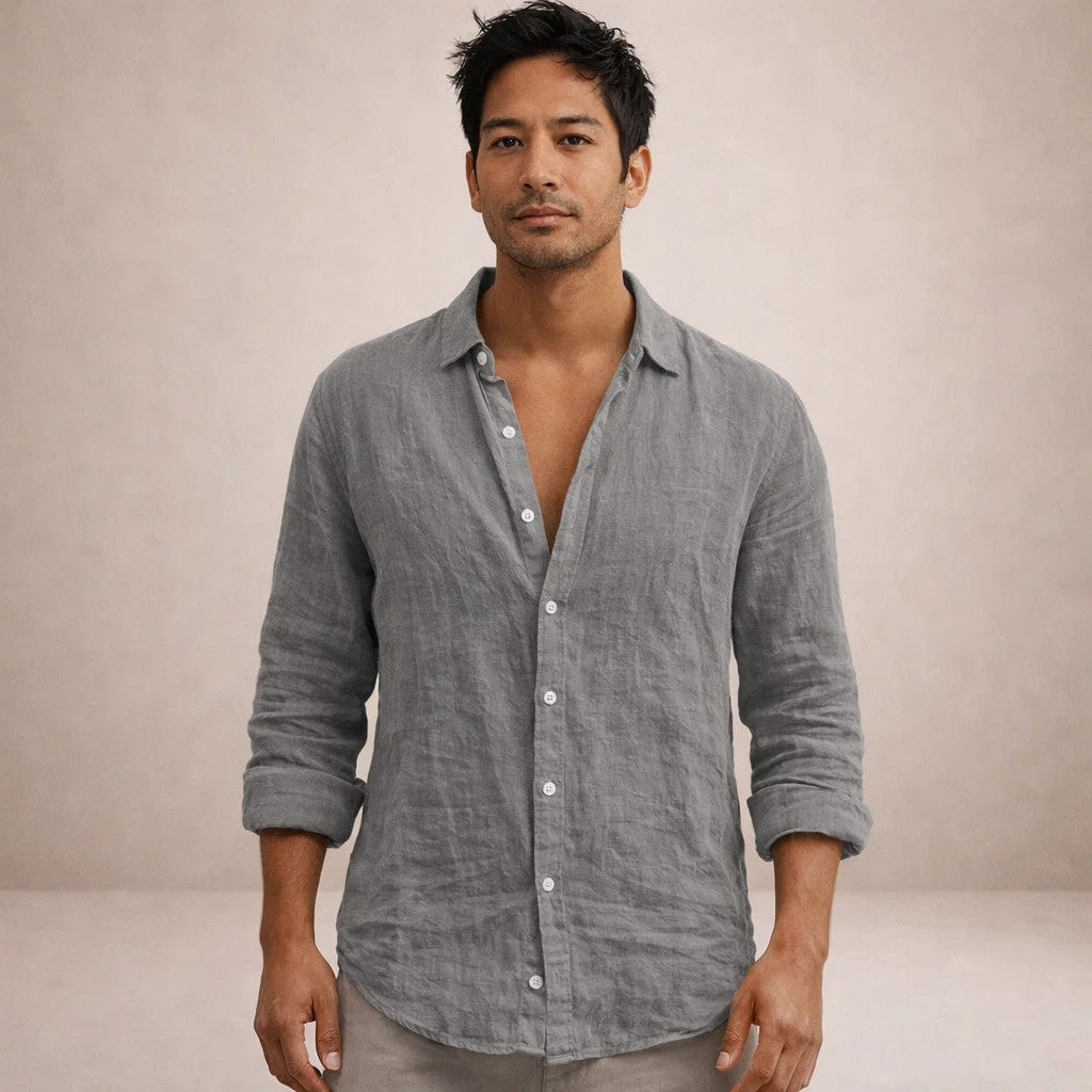 Men's linen shirt casual breathable long sleeve open collar