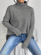 Women knit sweater high neck asymmetric hem relaxed fit