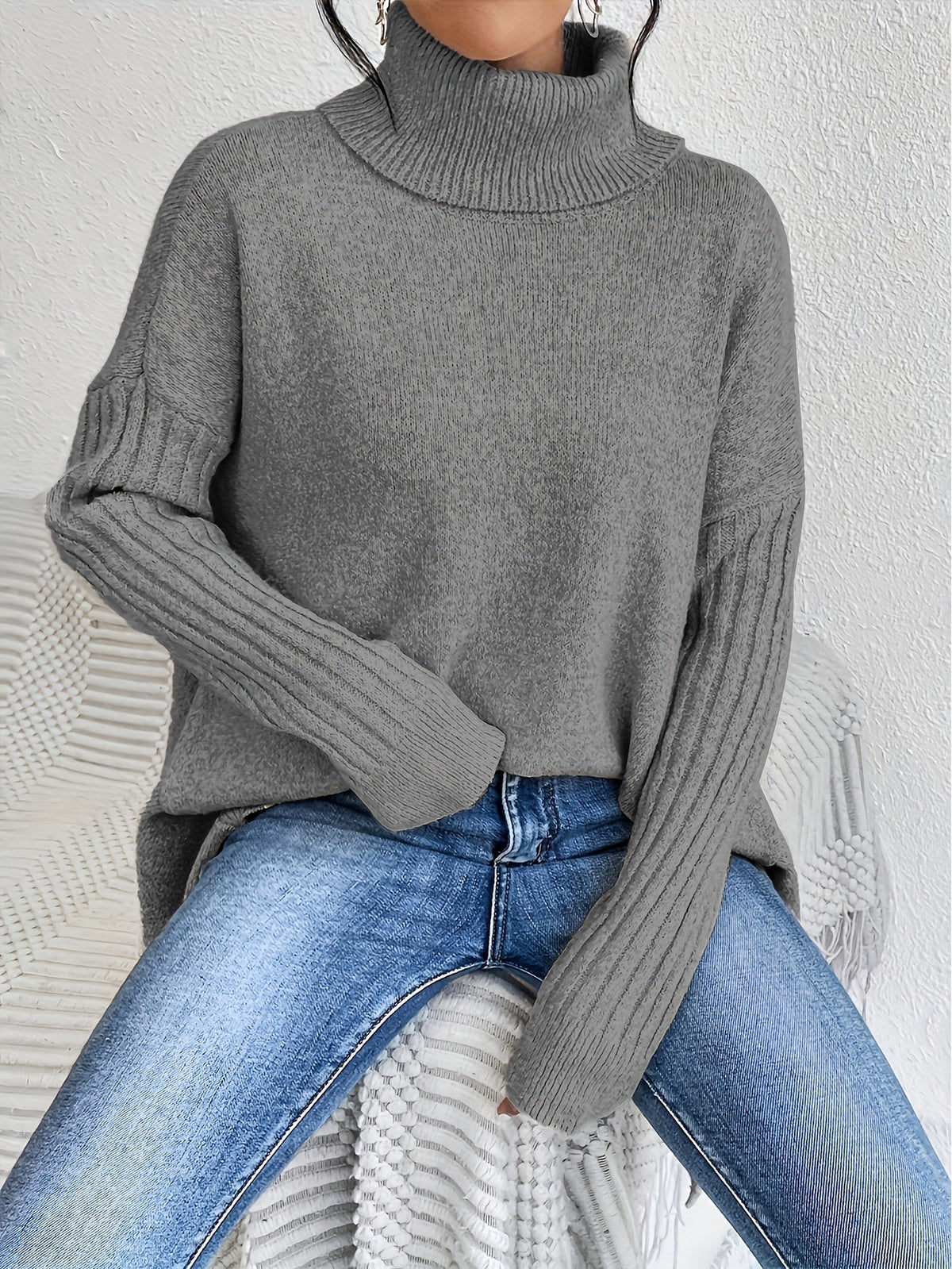 Women knit sweater high neck asymmetric hem relaxed fit