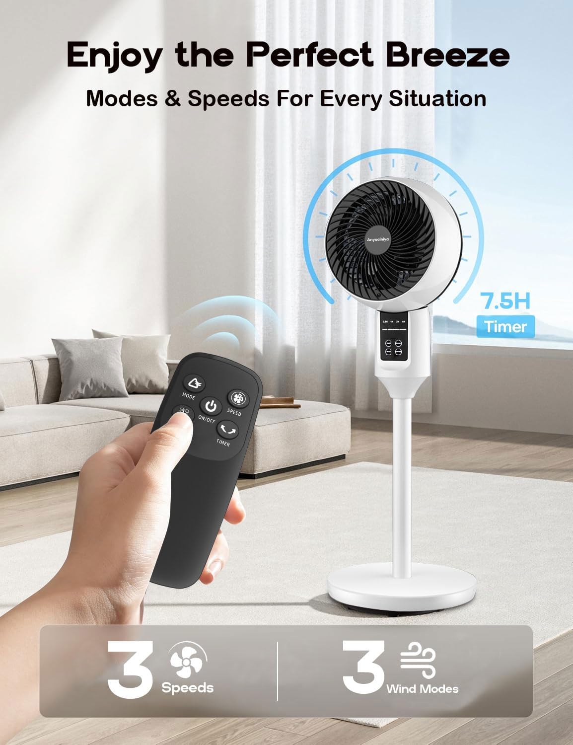 White pedestal fan with 3D oscillation and adjustable height, ultra-quiet 26 dB operation