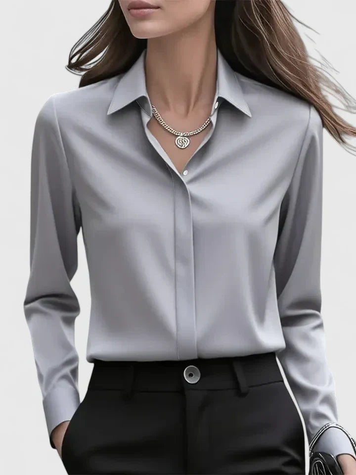 Women's satin button-up blouse, flowing silhouette, summer office style