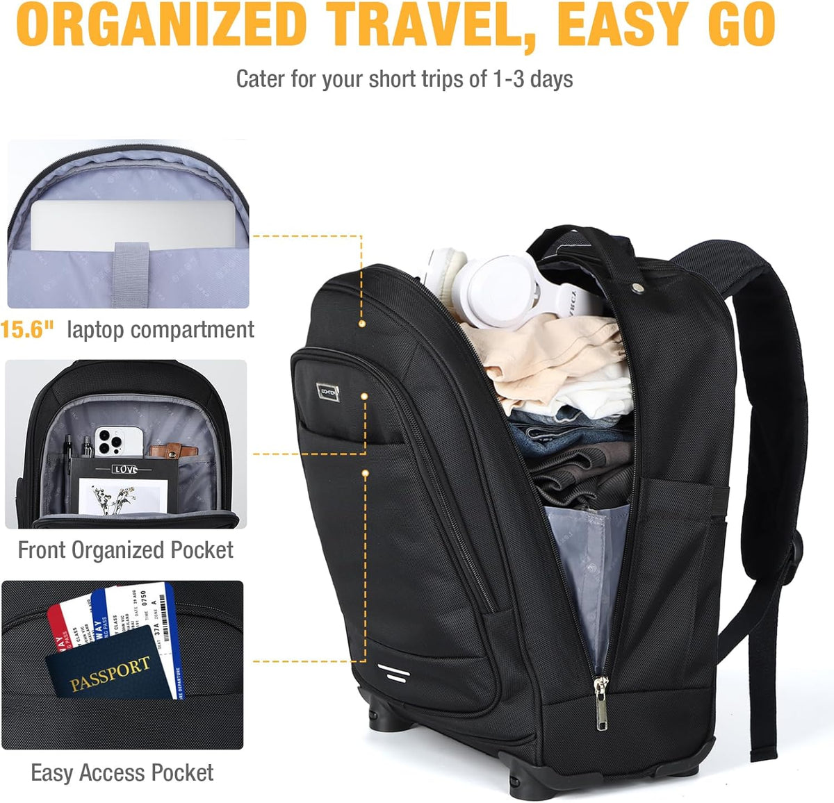 Rolling laptop backpack 30L black with 4 spinner wheels and water-resistant nylon