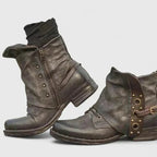 Women's ankle boots distressed faux leather with buckle strap and Western-style detail