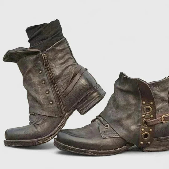 Women's ankle boots distressed faux leather with buckle strap and Western-style detail