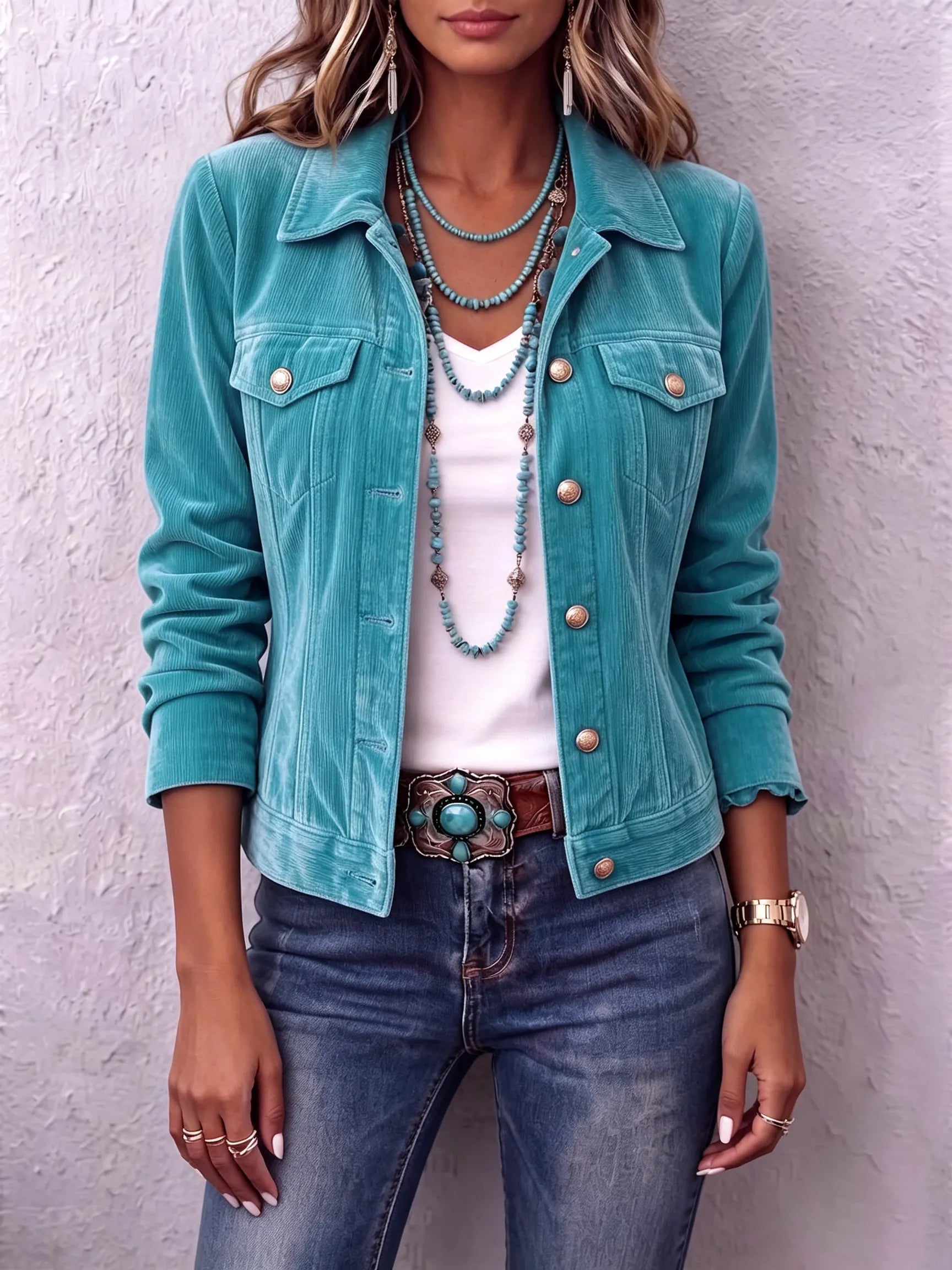 Women vintage wash button front jacket relaxed fit with chest pockets
