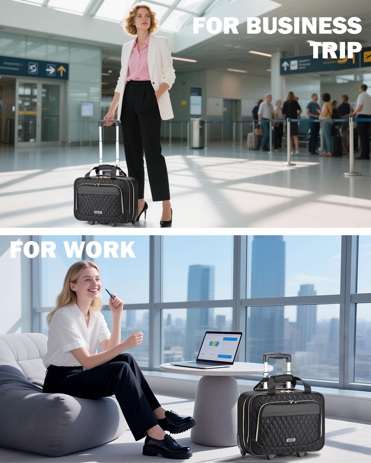 Rolling laptop bag 15.6 inch black, 3 compartments, flight-approved carry-on with wheels