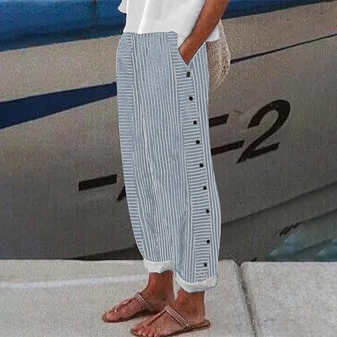 Women linen cotton striped pants with button side accents relaxed fit