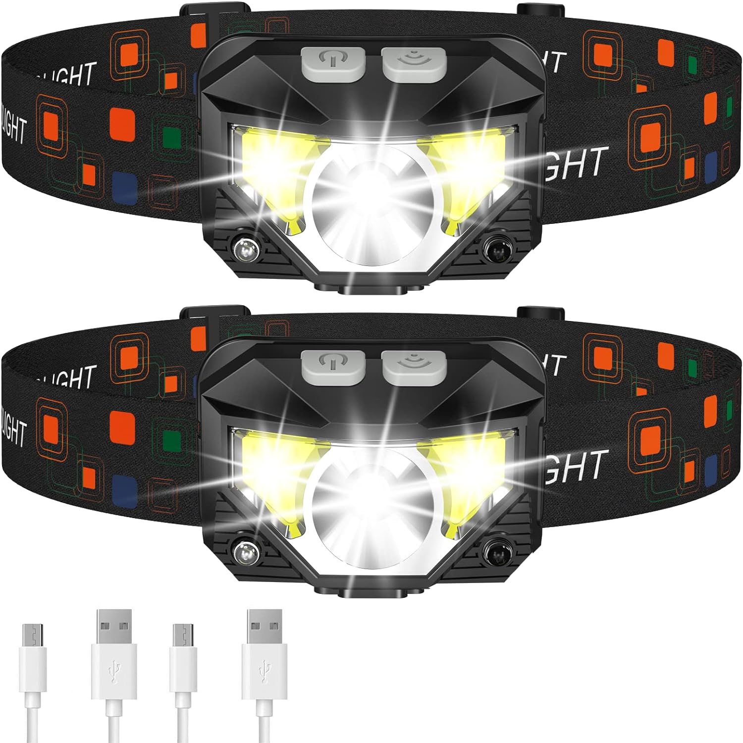 LED headlamp 2-pack rechargeable with motion sensor, 1200 lumen IPX4 waterproof