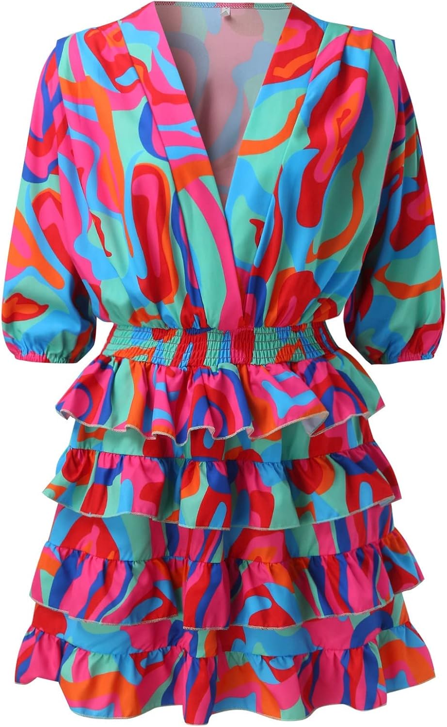 Women's flowy ruffle midi dress with V-neckline and high elasticated waist