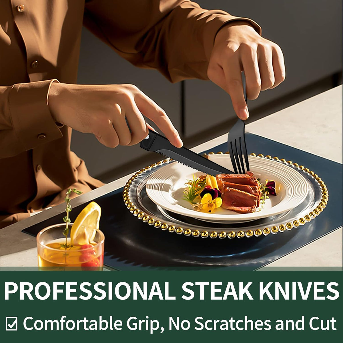 24-piece black stainless steel cutlery set for 4, including steak knives, matte black finish