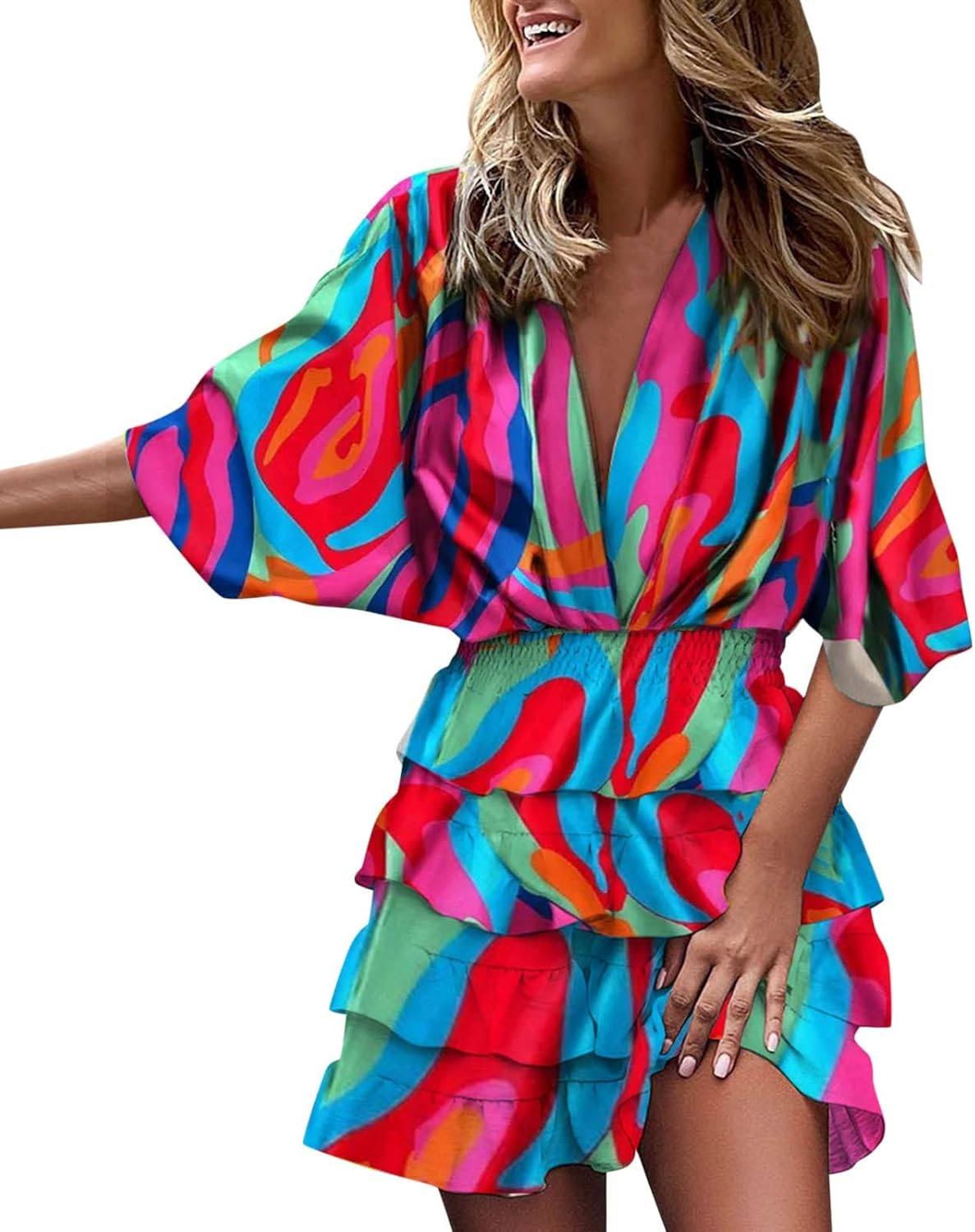 Women's flowy ruffle midi dress with V-neckline and high elasticated waist