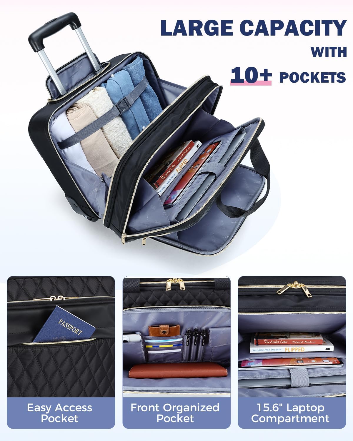 Rolling laptop bag 15.6 inch black, 3 compartments, flight-approved carry-on with wheels