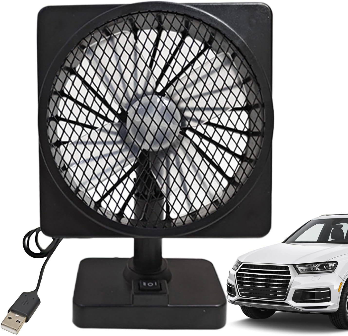 Car cooling fan 12V USB with 360° rotation, quiet brushless motor