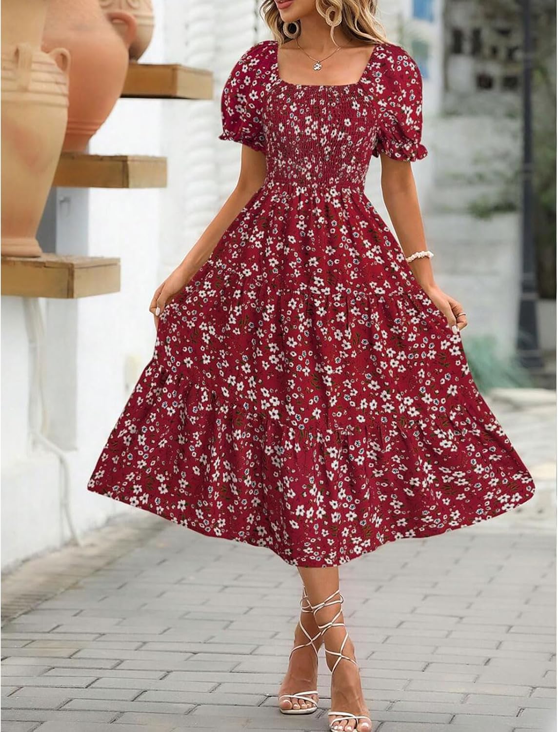 Women's floral mini dress with puff sleeves and tied waist, summer style