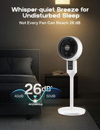 White pedestal fan with 3D oscillation and adjustable height, ultra-quiet 26 dB operation