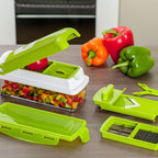Vegetable chopper 12-in-1 with stainless steel blades, white and green, large catch container