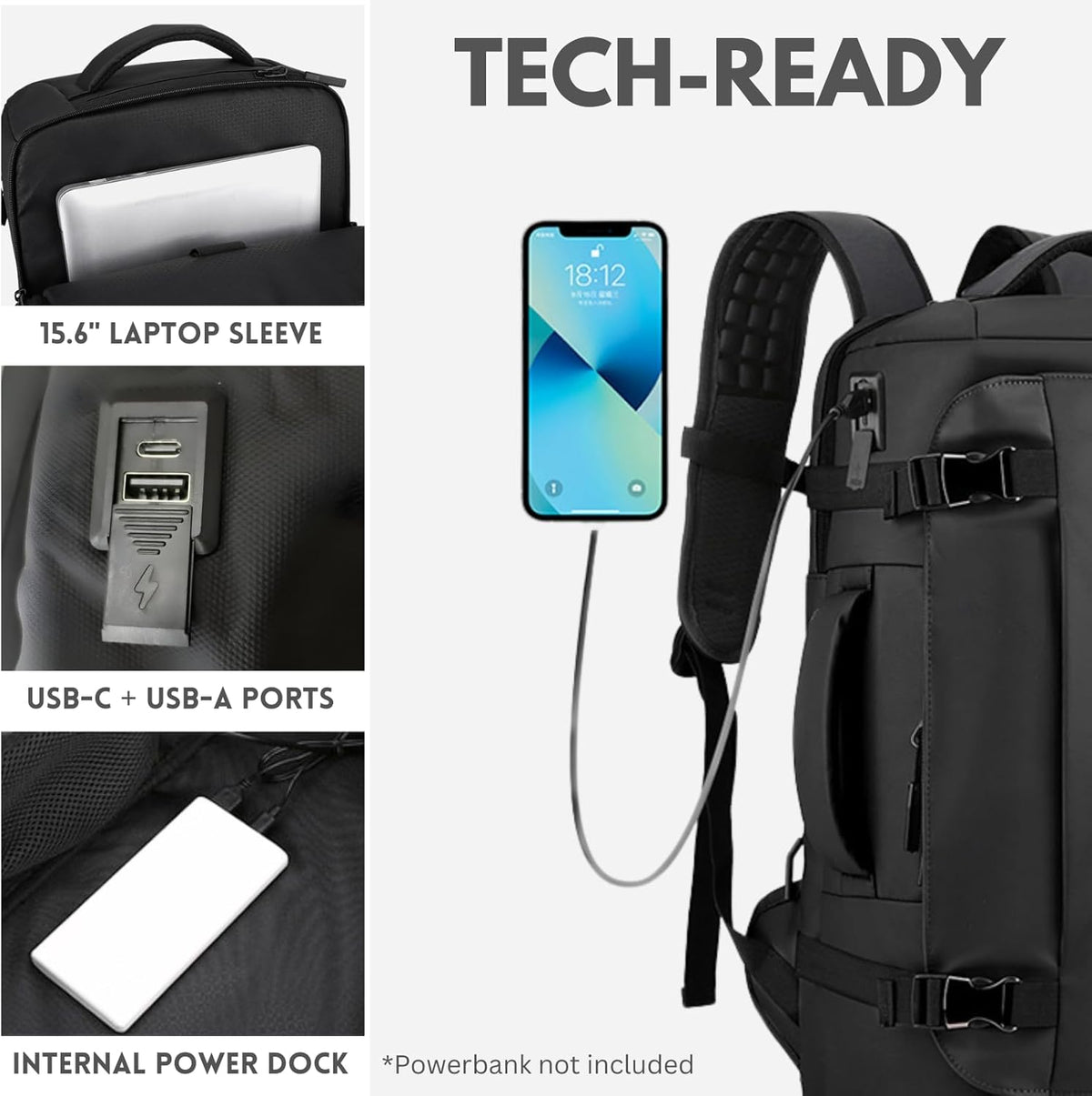 Waterproof 15" laptop backpack with 270° side opening and USB-C charging port