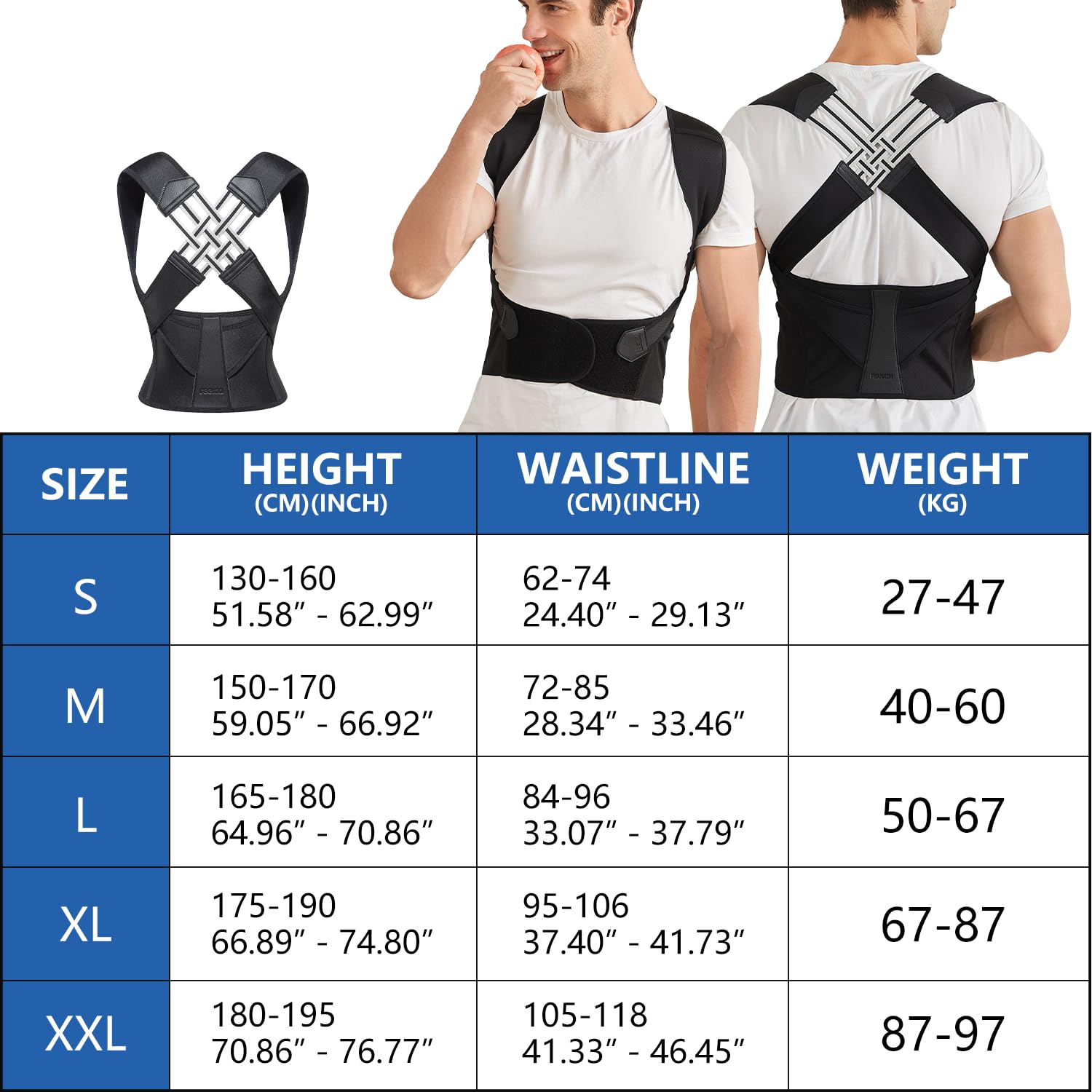 Posture corrector brace adjustable unisex back alignment support S to 2XL