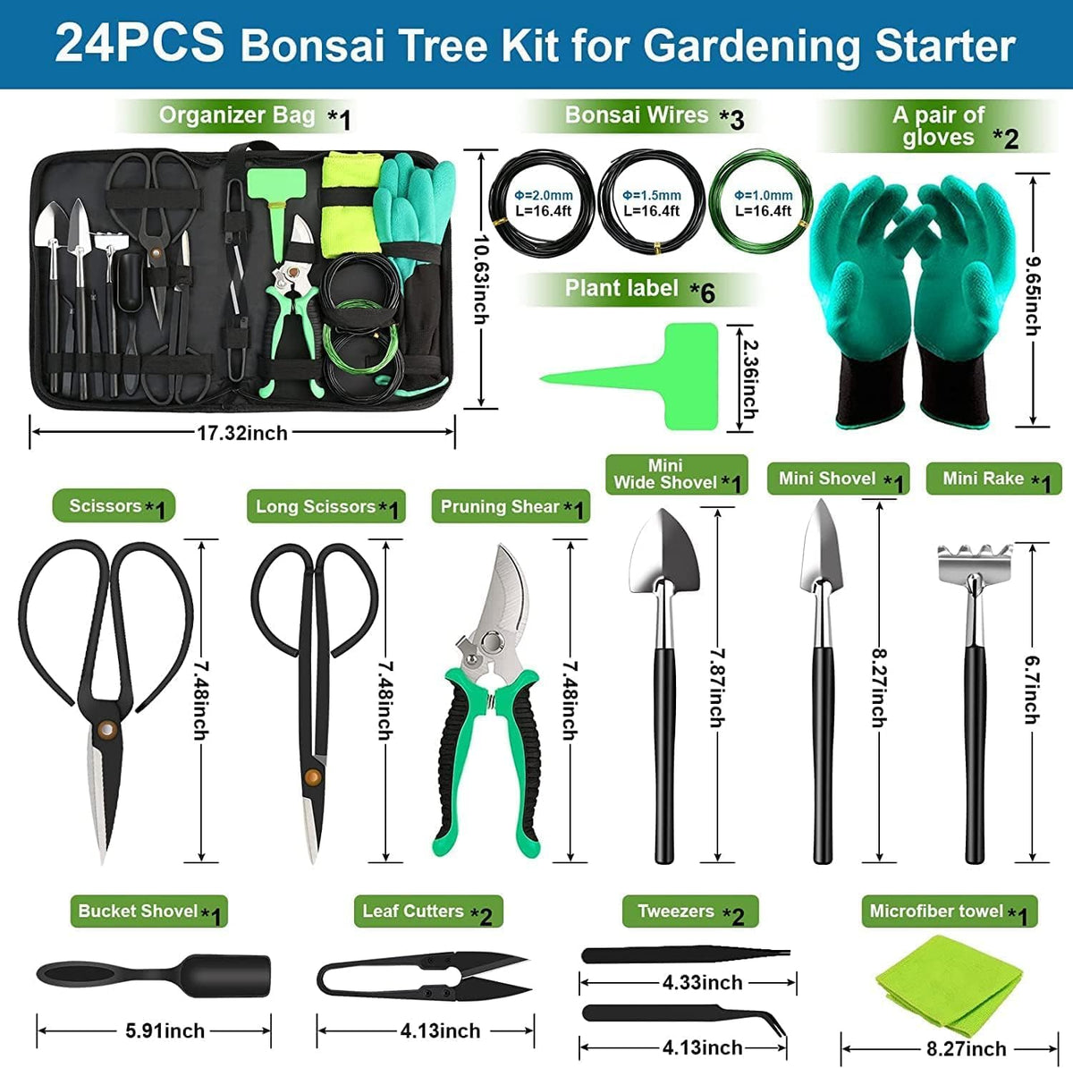 24 Piece Bonsai Tree Care Kit high carbon steel tools with carry bag
