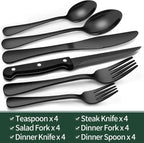 24-piece black stainless steel cutlery set for 4, including steak knives, matte black finish