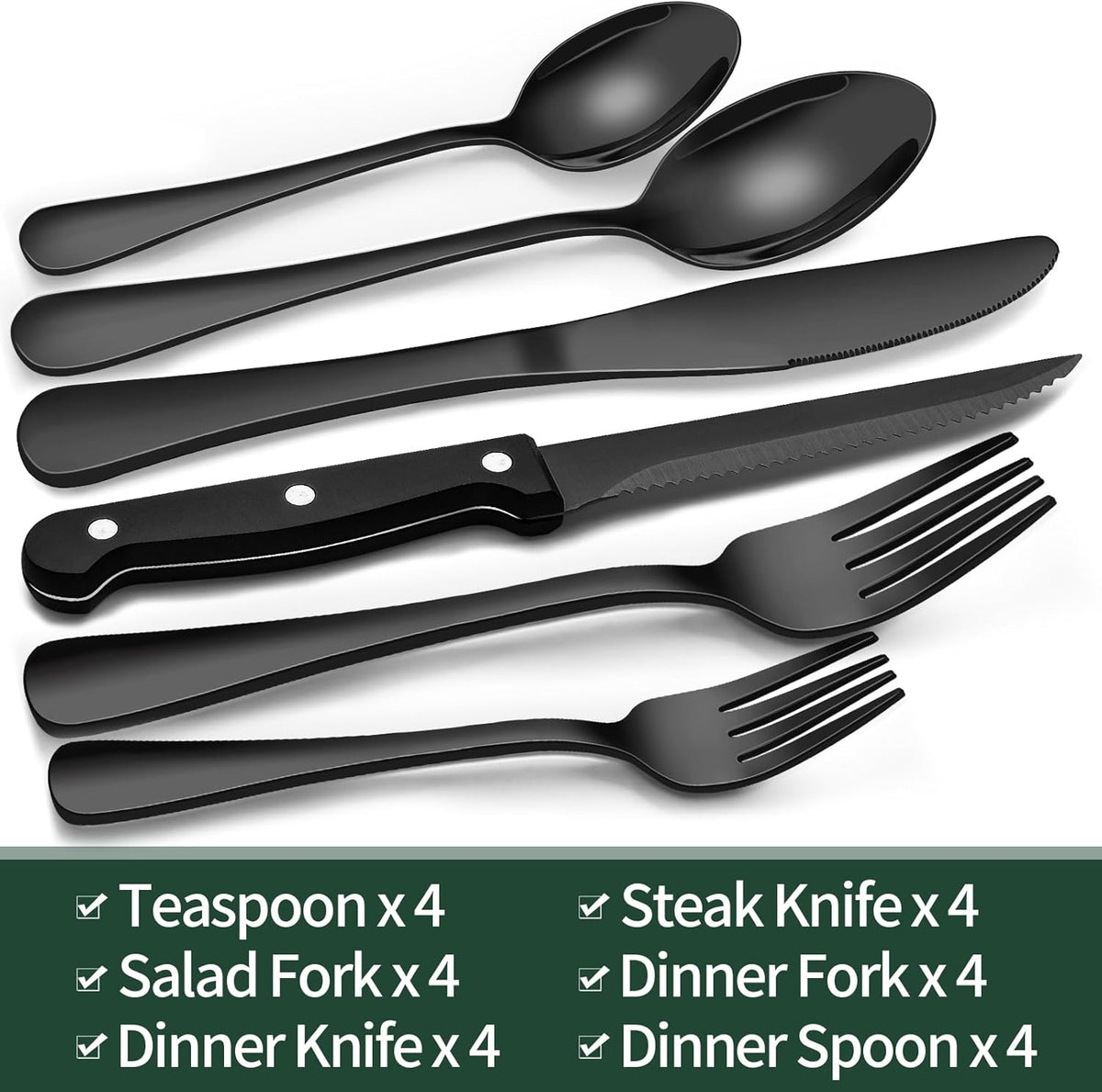 24-piece black stainless steel cutlery set for 4, including steak knives, matte black finish