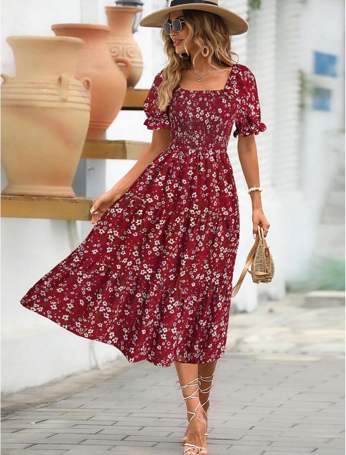 Women's floral mini dress with puff sleeves and tied waist, summer style
