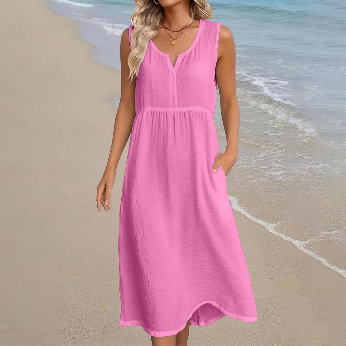 Women linen midi dress V neck sleeveless with side pockets A-line bohemian style