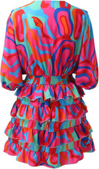 Women's flowy ruffle midi dress with V-neckline and high elasticated waist