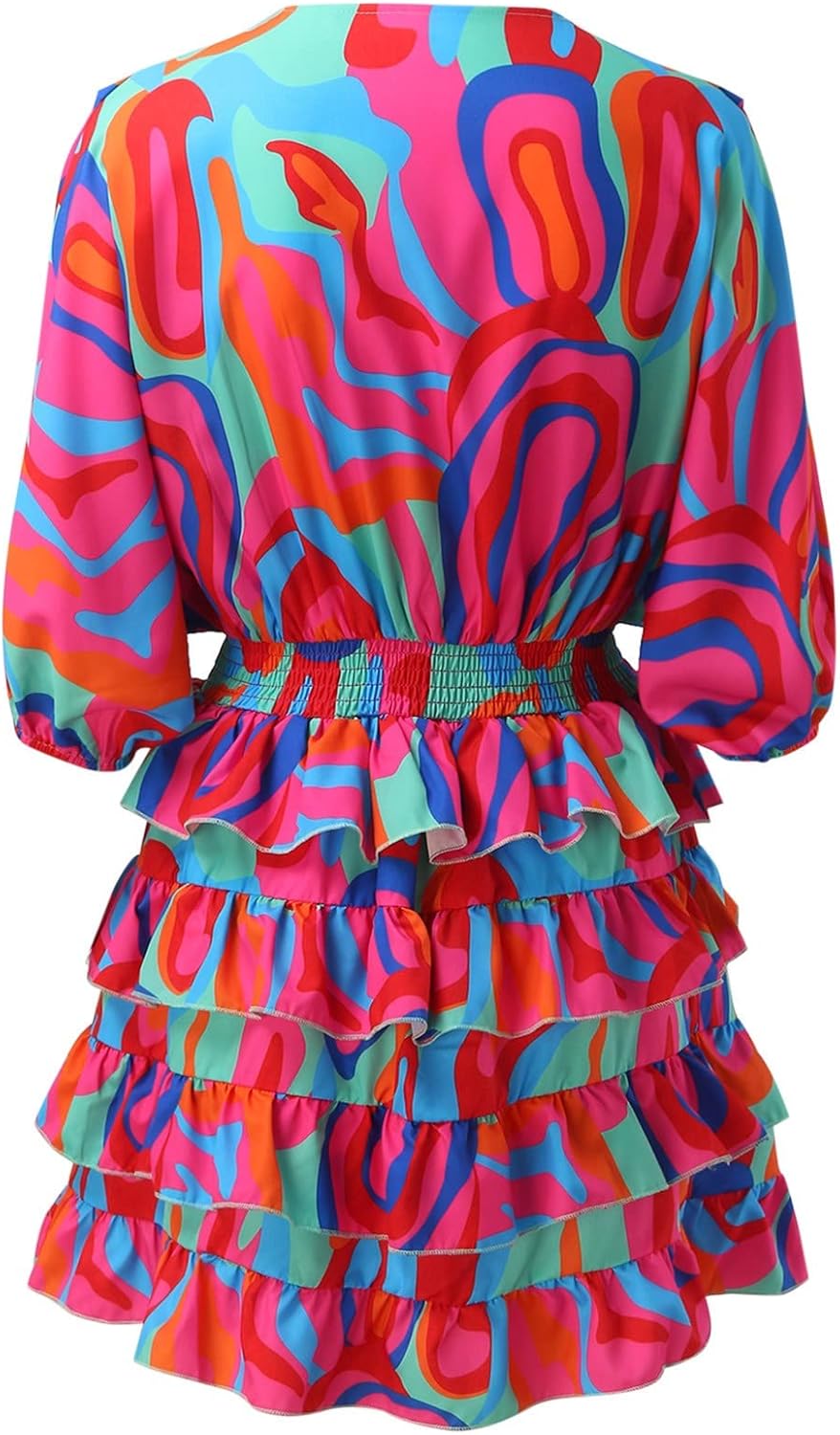 Women's flowy ruffle midi dress with V-neckline and high elasticated waist