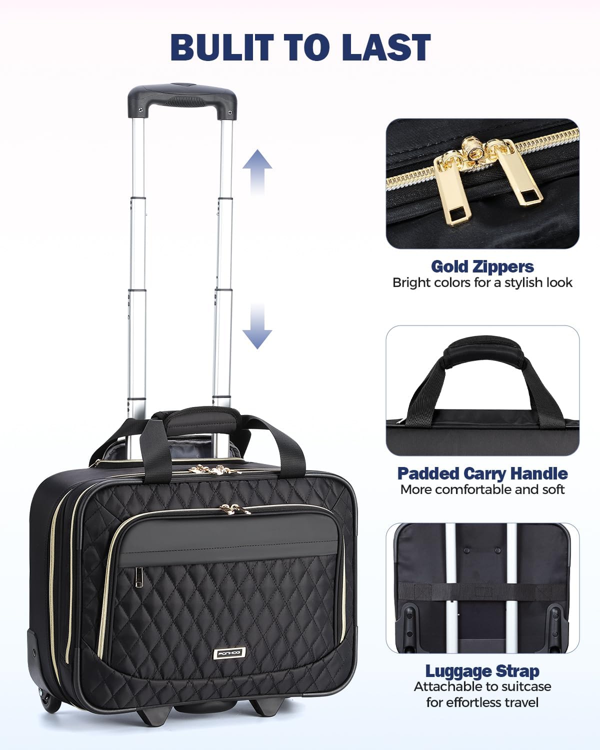 Rolling laptop bag 15.6 inch black, 3 compartments, flight-approved carry-on with wheels