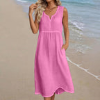 Women linen midi dress V neck sleeveless with side pockets A-line bohemian style