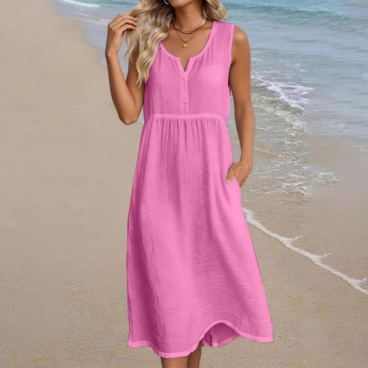 Women linen midi dress V neck sleeveless with side pockets A-line bohemian style
