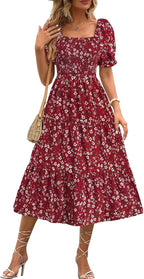 Women's floral mini dress with puff sleeves and tied waist, summer style