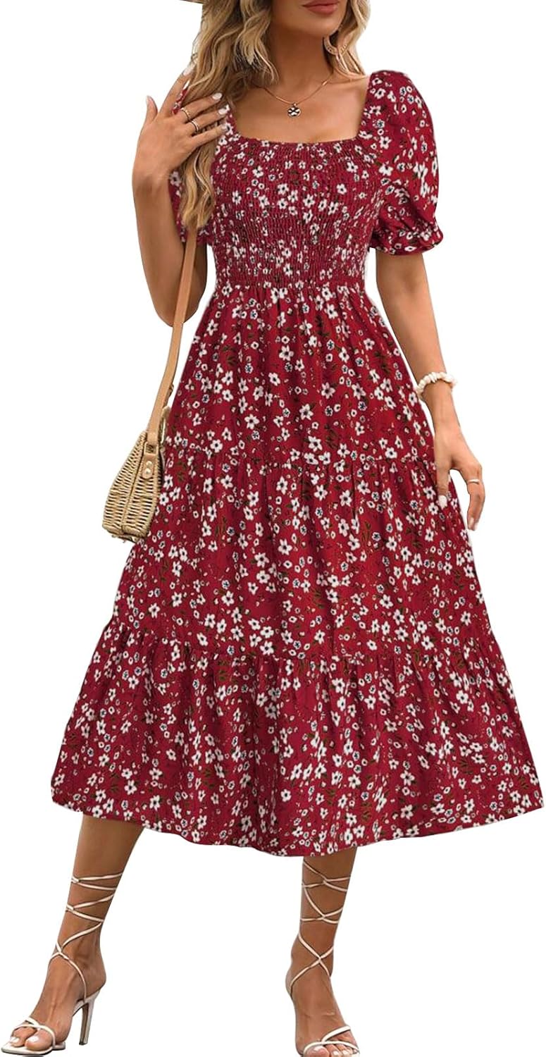 Women's floral mini dress with puff sleeves and tied waist, summer style