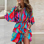 Women's flowy ruffle midi dress with V-neckline and high elasticated waist