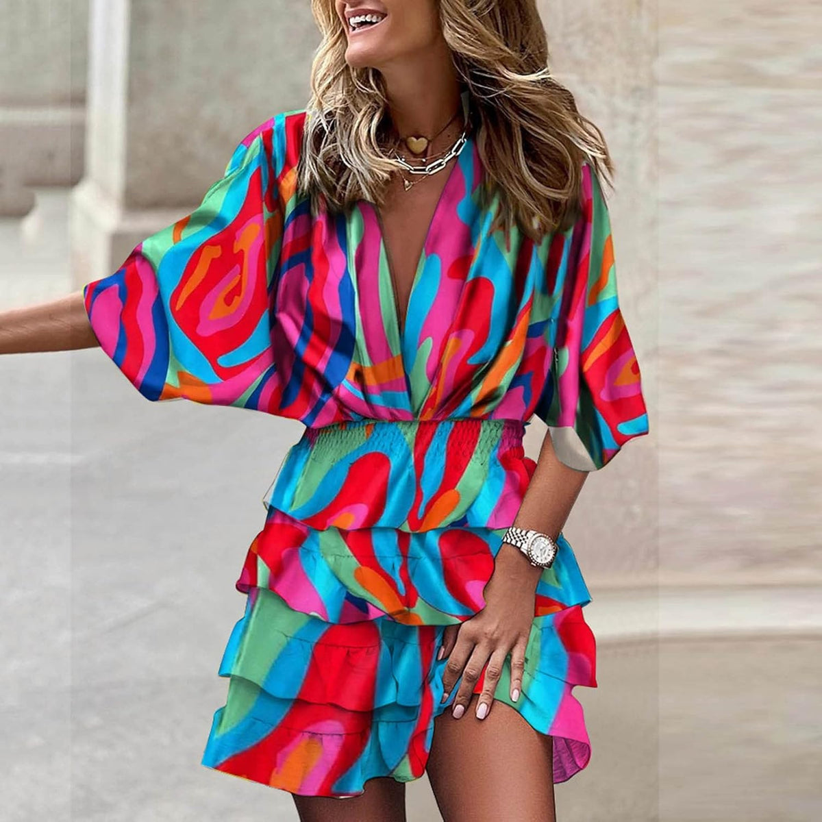 Women's flowy ruffle midi dress with V-neckline and high elasticated waist