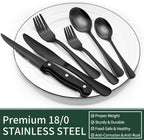 24-piece black stainless steel cutlery set for 4, including steak knives, matte black finish