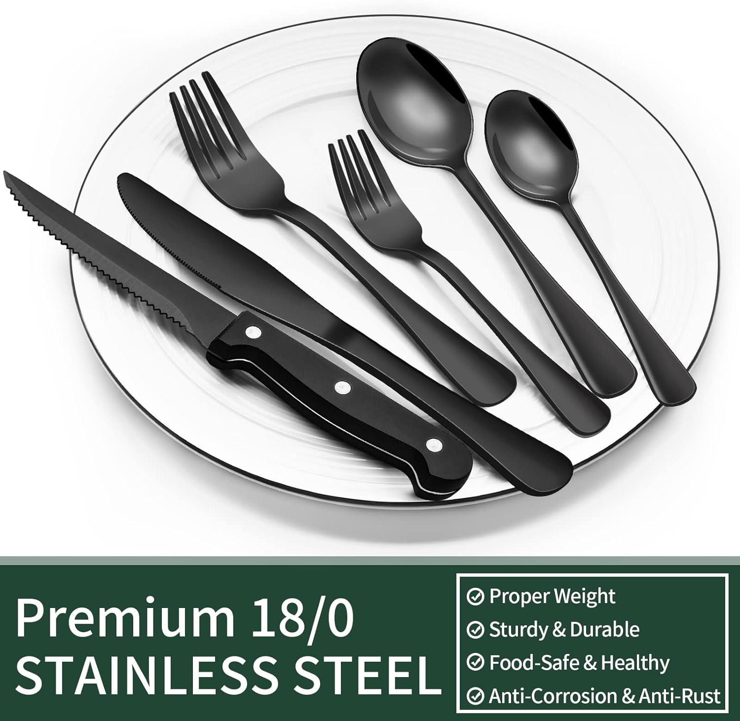 24-piece black stainless steel cutlery set for 4, including steak knives, matte black finish