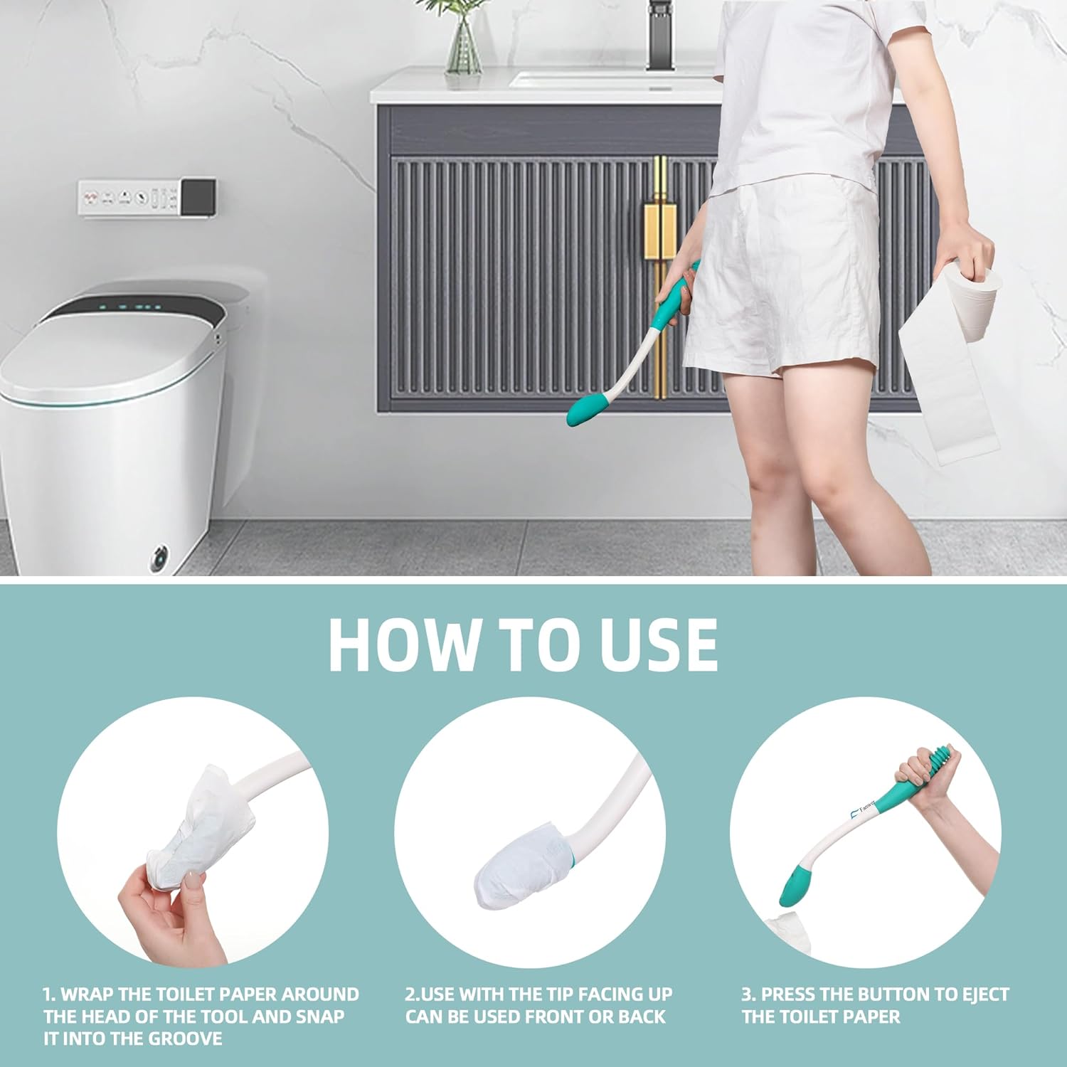 Toilet aid for wiping long reach 15-inch ergonomic handle 2-piece butt wiper set