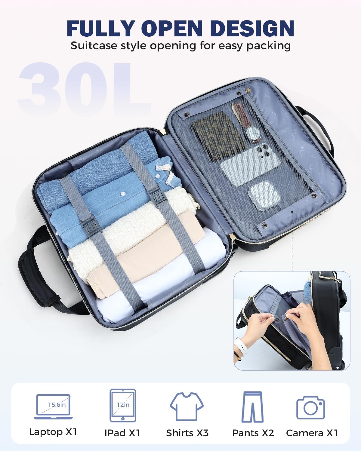 Rolling laptop bag 15.6 inch black, 3 compartments, flight-approved carry-on with wheels